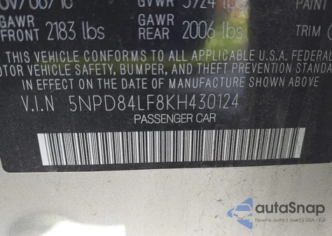 2019 Hyundai Elantra Sel z USA, uszkodzony, nr VIN 5NPD84LF8KH430124